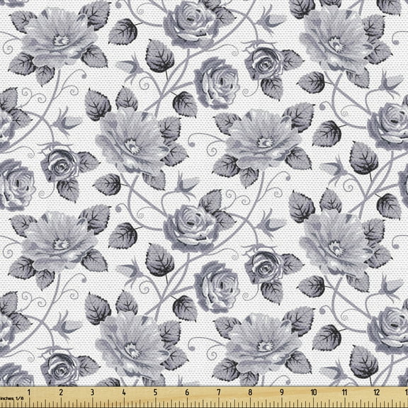 Ambesonne Grey Fabric by the Yard Upholstery, Vintage Roses Floral Art, 5 Yards, Grey White
