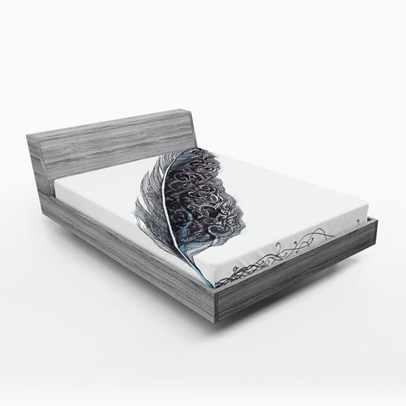 Ambesonne Grey Fitted Sheet, Antique Feather Pen Art, Queen Size, Grey Black