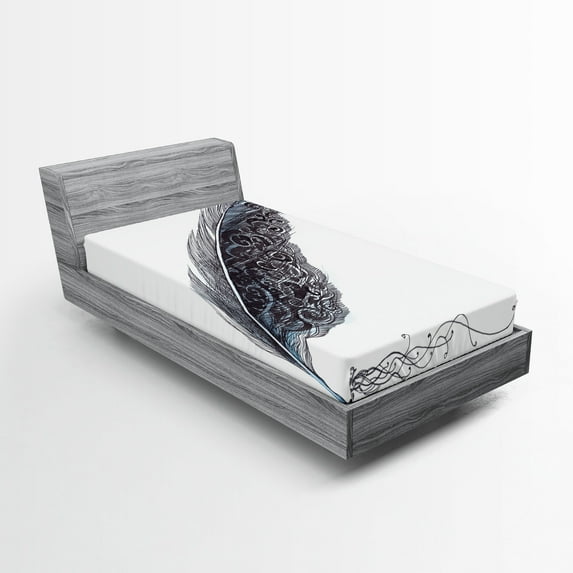 Ambesonne Grey Fitted Sheet, Antique Feather Pen Art, Twin Size, Grey Black