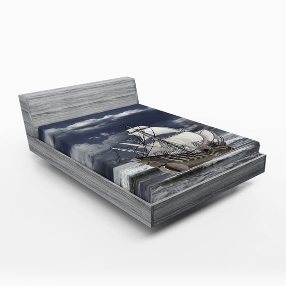 Ambesonne Grey Fitted Sheet, Caribbean Pirates Ship, Queen Size, Blue Grey Pale Grey