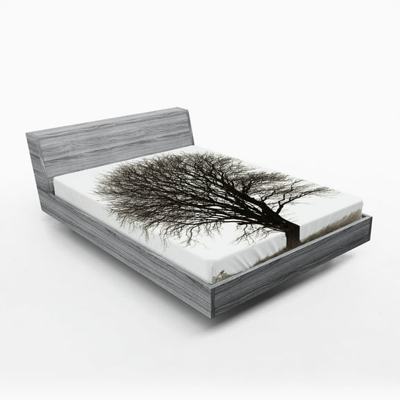Ambesonne Grey Fitted Sheet, Fall Tree Monochrome Art, Full Size, Beige Black