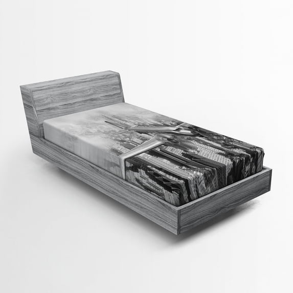 Ambesonne Grey Fitted Sheet, Flying Plane on New York, Twin Size, Black and White