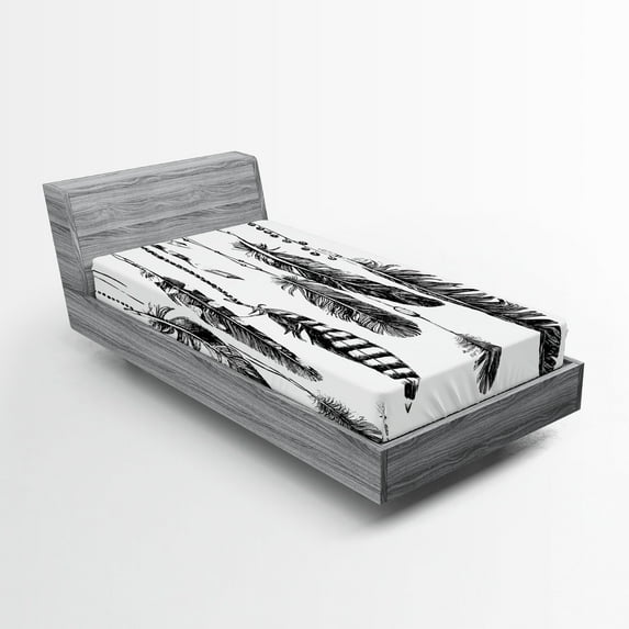 Ambesonne Grey Fitted Sheet, Hand Drawn Feather, Twin XL Size, Black