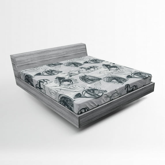 Ambesonne Grey Fitted Sheet, Horse Royal Animal Retro, Queen Size, Grey White