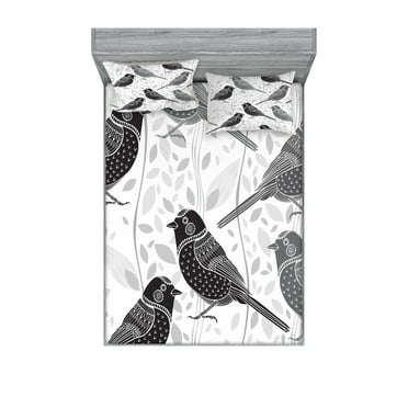 Ambesonne Grey Fitted Sheet & Pillow Sham Set, Birds and Floral Patterns, Queen, Grey White Black