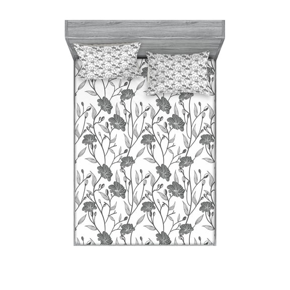 Ambesonne Grey Fitted Sheet & Pillow Sham Set, Blooming Flowers Buds Art, Full, Grey White