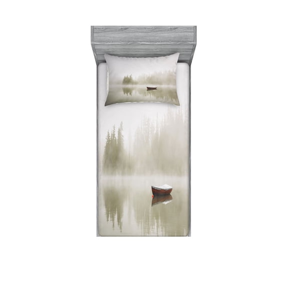 Ambesonne Grey Fitted Sheet & Pillow Sham Set, Boat on Lake Nature, Twinxl, Eggshell Brown Orange