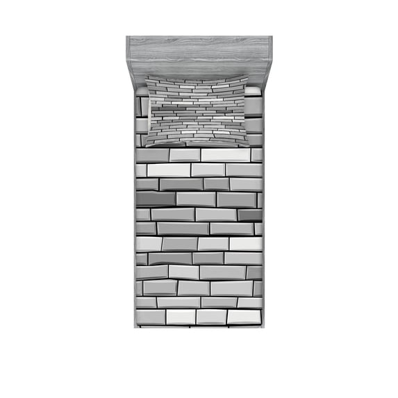 Ambesonne Grey Fitted Sheet & Pillow Sham Set, Brick Wall English Style, Twin, Grey