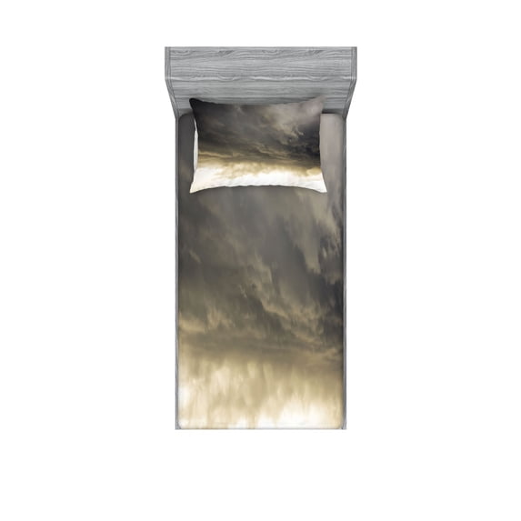 Ambesonne Grey Fitted Sheet & Pillow Sham Set, Cloudy Dark Sky Hurricane, Twin, Grey