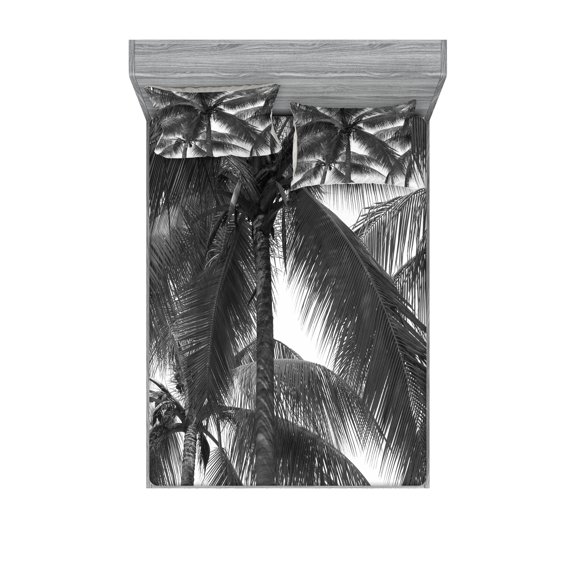 Ambesonne Grey Fitted Sheet & Pillow Sham Set, Coconut Palms Tropical, Queen, Black