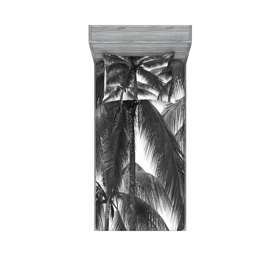 Ambesonne Grey Fitted Sheet & Pillow Sham Set, Coconut Palms Tropical, Twinxl, Black
