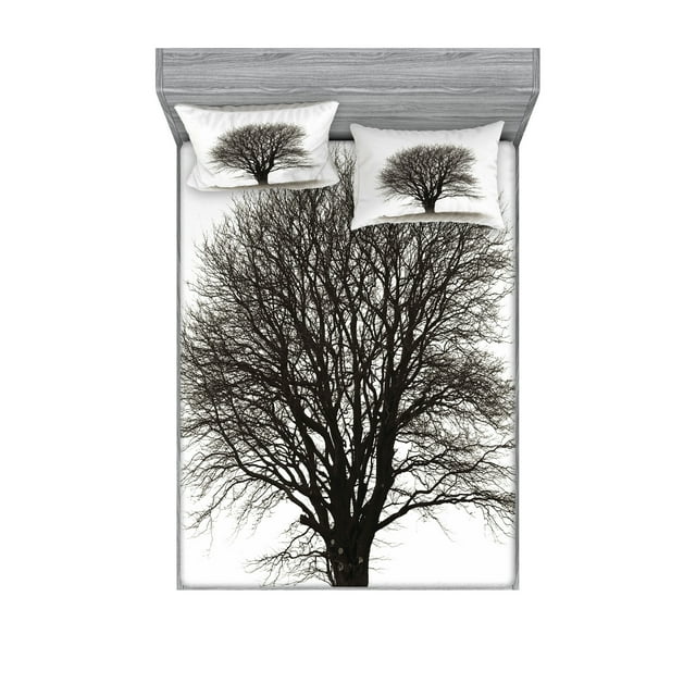 Ambesonne Grey Fitted Sheet & Pillow Sham Set, Fall Tree Monochrome Art, Full, Beige Black