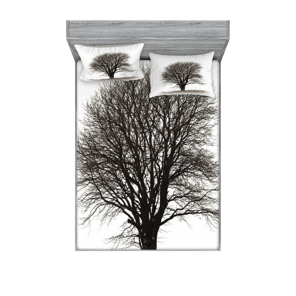 Ambesonne Grey Fitted Sheet & Pillow Sham Set, Fall Tree Monochrome Art, Queen, Beige Black