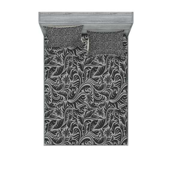 Ambesonne Grey Fitted Sheet & Pillow Sham Set, Fern Leaves Flowers, Full, Black and Grey