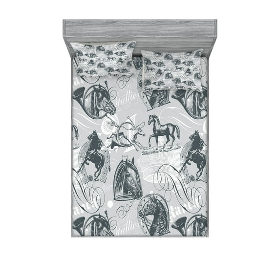 Ambesonne Grey Fitted Sheet & Pillow Sham Set, Horse Royal Animal Retro, Queen, Grey White