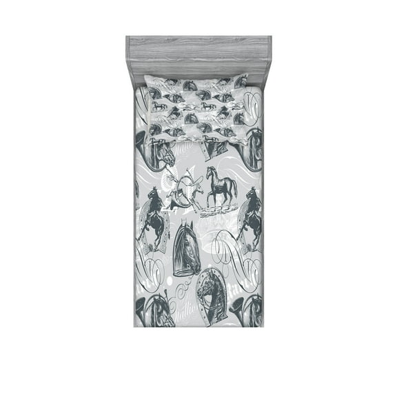 Ambesonne Grey Fitted Sheet & Pillow Sham Set, Horse Royal Animal Retro, Twin, Grey White