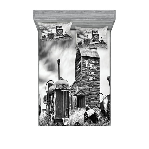 Ambesonne Grey Fitted Sheet & Pillow Sham Set, Old Vintage 60s Tractor, Queen, Grey