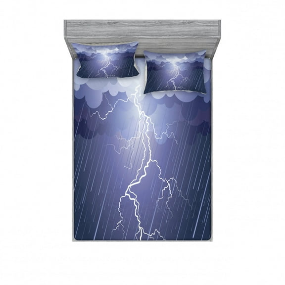 Ambesonne Grey Fitted Sheet & Pillow Sham Set, Thunderstorm Dark Clouds, Full, Blue