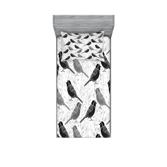 Ambesonne Grey Fitted Sheet & Pillow Sham Set, Vintage Style White Roses, Twin, Grey White