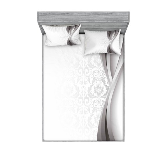 Ambesonne Grey Fitted Sheet & Pillow Sham Set, Wavy Stripes and Flowers, Calking, Grey Pale Grey White