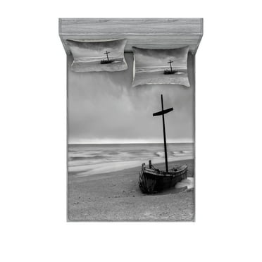 Ambesonne Grey Fitted Sheet & Pillow Sham Set, Wreck Boat on the Beach, Full, Black and White
