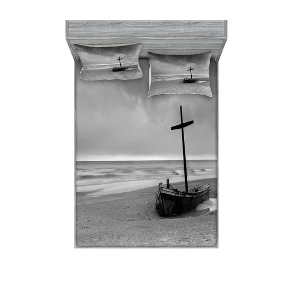 Ambesonne Grey Fitted Sheet & Pillow Sham Set, Wreck Boat on the Beach, Queen, Black and White