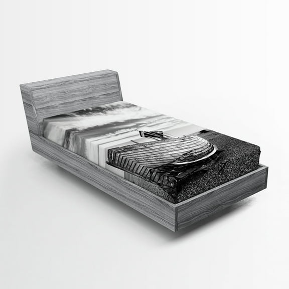 Ambesonne Grey Fitted Sheet, Wooden Boat on Beach Dusk, Twin Size, Grey