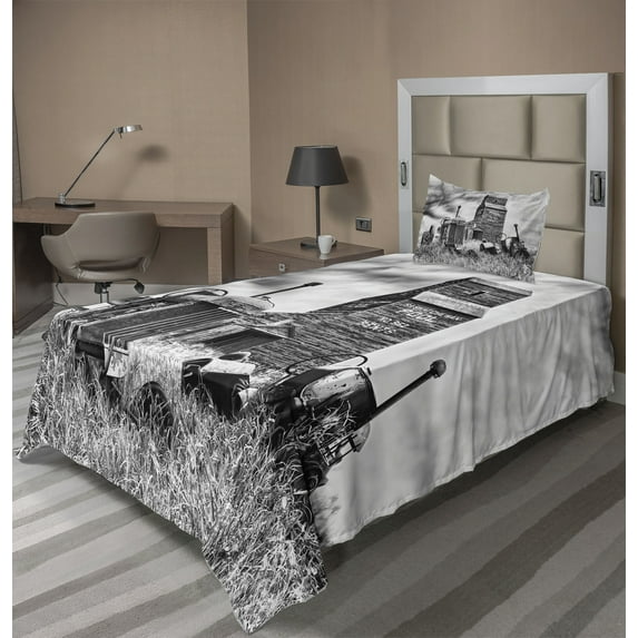 Ambesonne Grey Fitted & Top Sheet Set with Sham, Old Vintage 60s Tractor, Grey