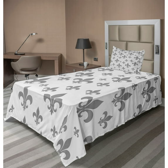 Ambesonne Grey Fitted & Top Sheet Set with Sham, Retro Royal Vintage, Grey