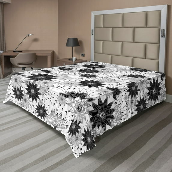 Ambesonne Grey Flat Sheet, Art Flowers Monochrome Print, California King, White Black