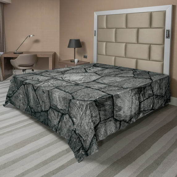 Ambesonne Grey Flat Sheet, Stone Wall Rough Rusty Print, California King, Grey Charcoal Grey