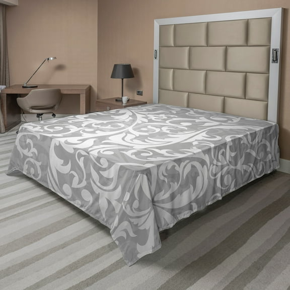 Ambesonne Grey Flat Sheet, Victorian Leaf Flowers, King Size, Grey