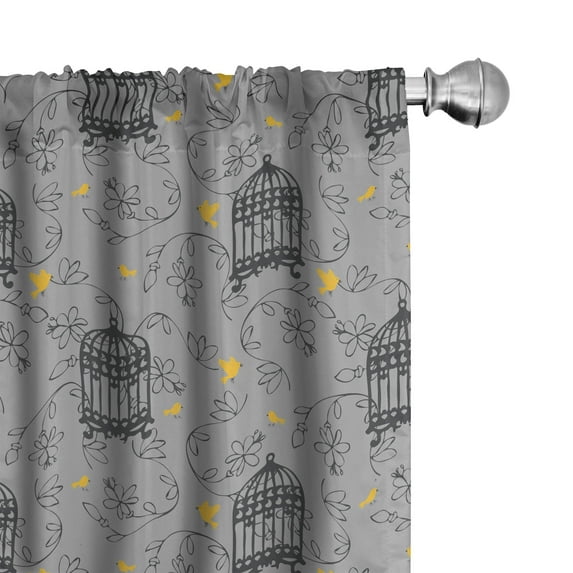 Ambesonne Grey Floral Birds Curtains, Animals Cages Art, Pair of 28"x95", Earth Yellow Indigo