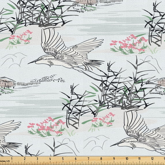 Ambesonne Grey Floral Birds Fabric by the Yard Upholstery, Ethnic Asian Boho, 3 Yards, Pastel Pink Green