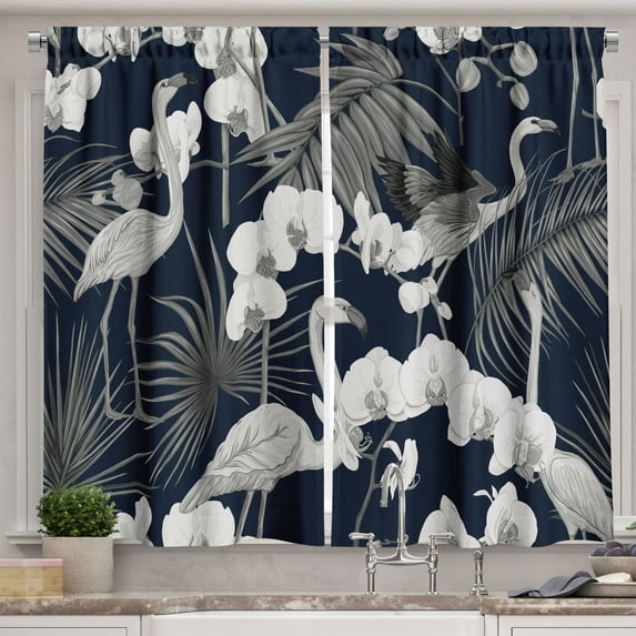Ambesonne Grey Floral Birds Kitchen Curtains, Orchid Flamingo, 55"x39", Purpleblue Indigo