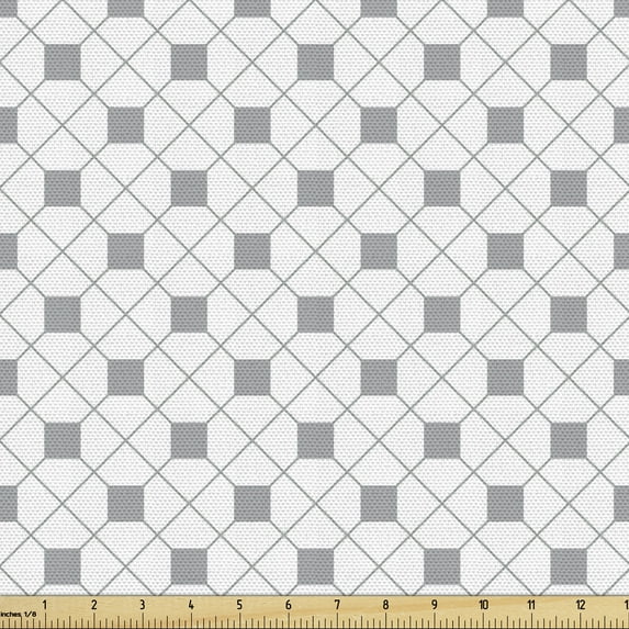 Ambesonne Grey Geometric Fabric by the Yard Upholstery, Checkered Striped, 1 Yard, Pale Grey and White