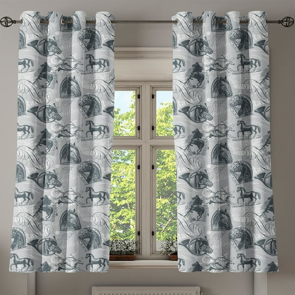 Ambesonne Grey Grommet Curtain, Horse Royal Animal Retro, 50" x 63", Grey White