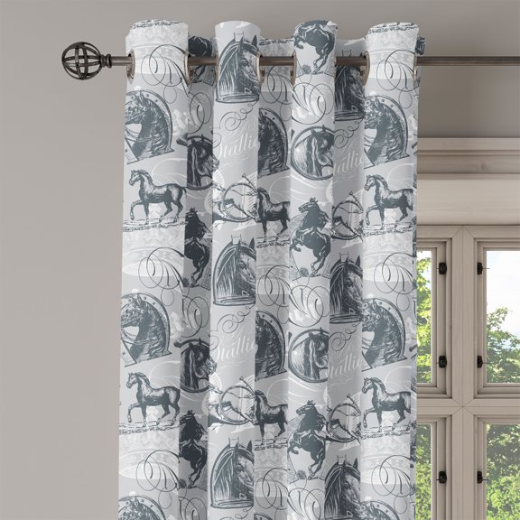 Ambesonne Grey Grommet Curtain Single Panel, Horse Royal Animal Retro, 50"x60", Grey White