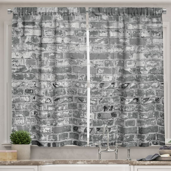 Ambesonne Grey Kitchen Curtains, Brick Wall Monochrome Plot, 55"x36", Warm Taupe and Dark Tan
