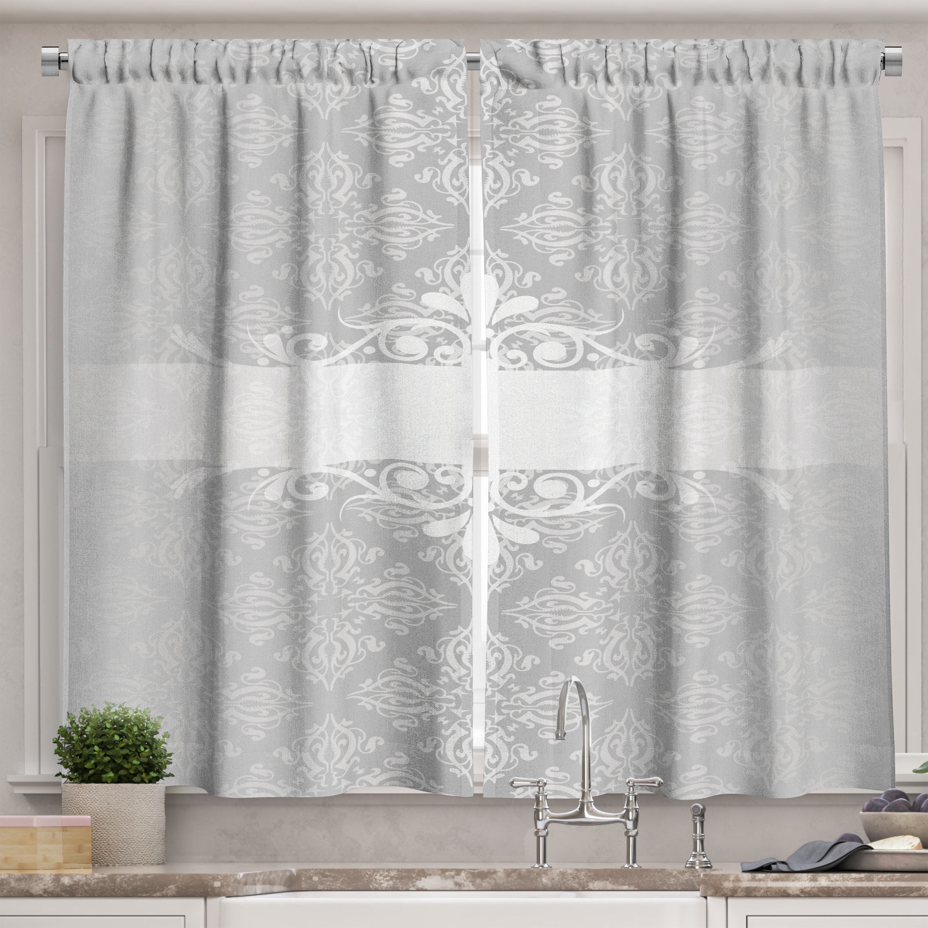 Ambesonne Grey Kitchen Curtains, Classical Floral Scroll, 55"x45", Grey ...