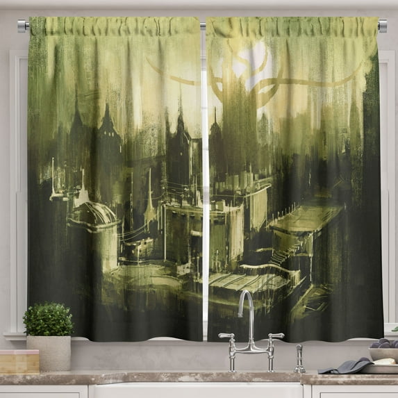 Ambesonne Grey Kitchen Curtains, Gothic Dark City Scenery, 55"x45", Pale Green White