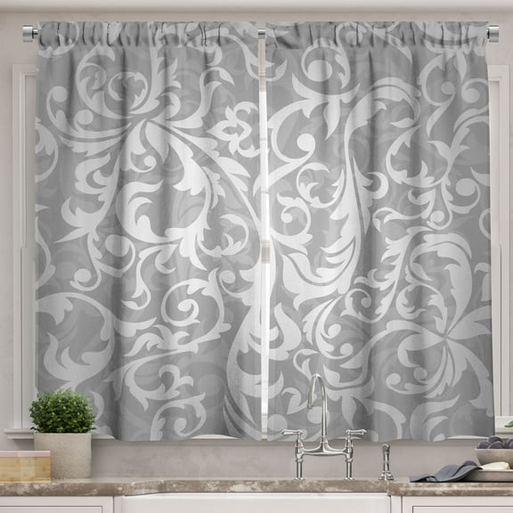 Ambesonne Grey Kitchen Curtains, Victorian Leaf Flowers, 55"x30", Grey
