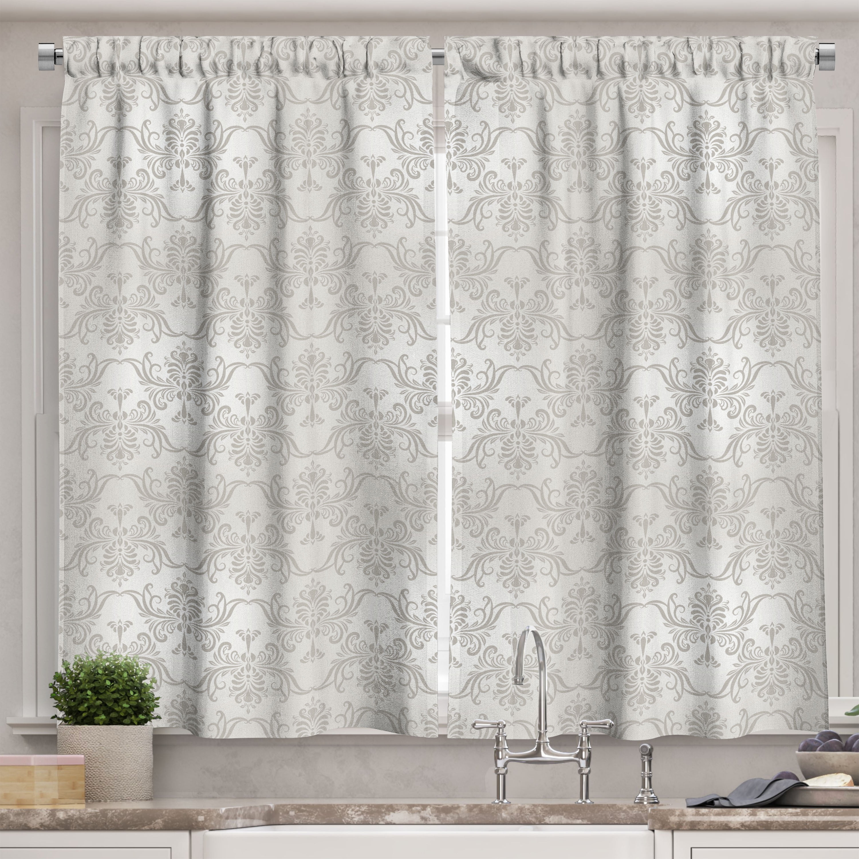 Ambesonne Grey Kitchen Curtains, Vintage Damask Flowers, 55"x39", Pale Grey