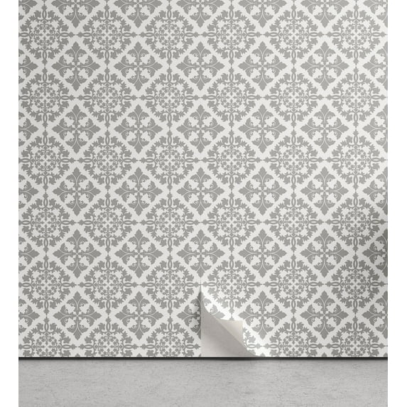 Ambesonne Grey Peel & Stick Wallpaper for Home, Victorian Damask Floral, 13"x72", Grey White