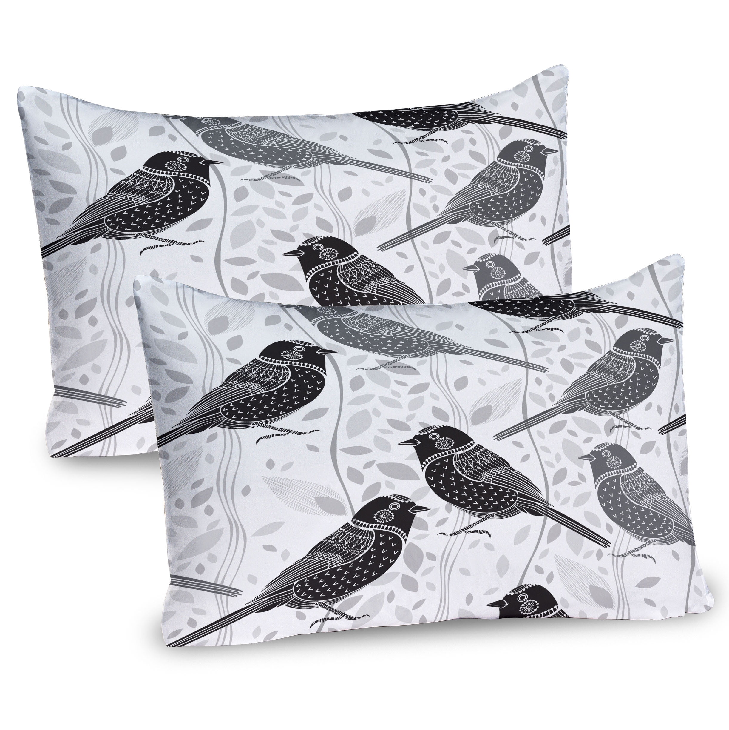 Grey and White Bird Pattern Microfiber Pillow Shams, 2 Pack