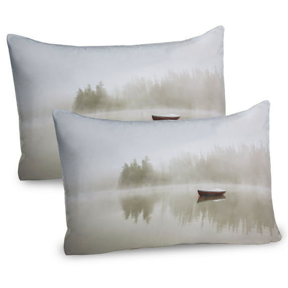 Ambesonne Grey Pillow Sham 2 Pack, Boat on Lake Nature, 36"x20", Eggshell Brown Orange