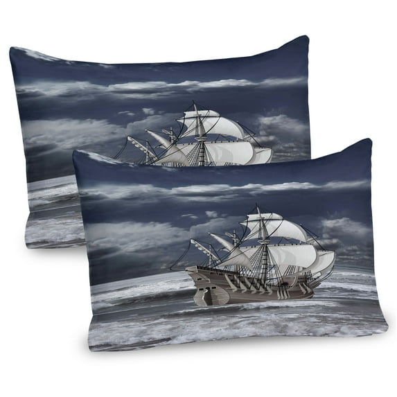 Ambesonne Grey Pillow Sham 2 Pack, Caribbean Pirates Ship, 36"x20", Blue Grey Pale Grey