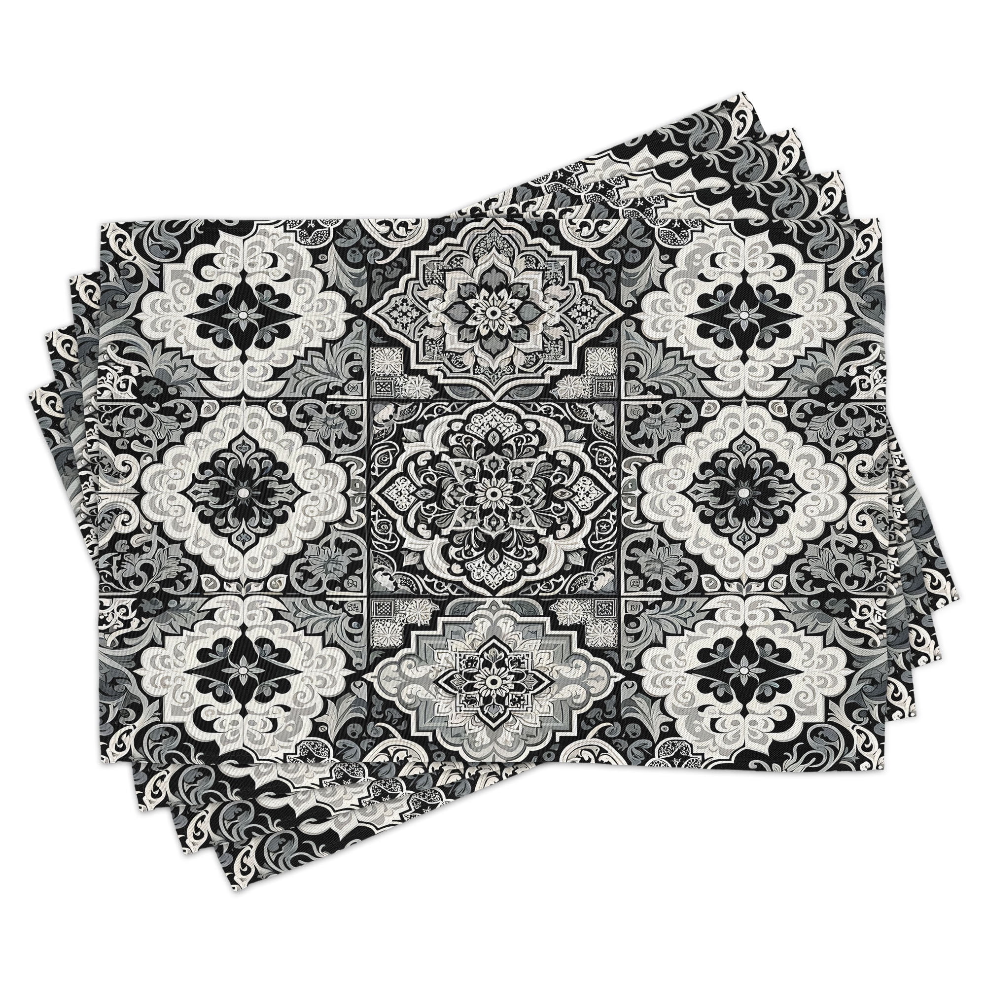 Off White and Dimgray Polyester Moroccan Print Rectangle Placemats Set of 4