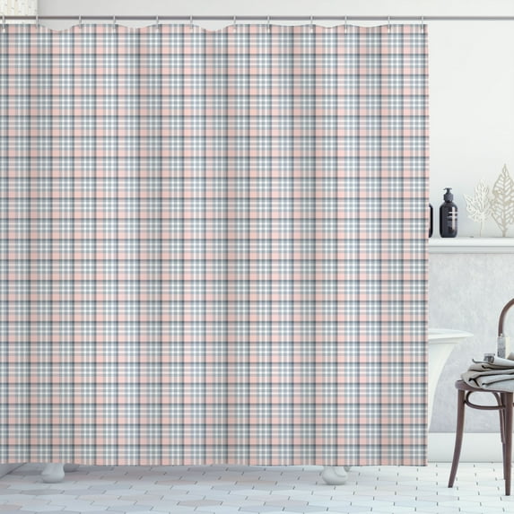 Ambesonne Grey Plaid Shower Curtain, Checkered Gingham Art, 69"Wx84"L, Pearl White and Blush