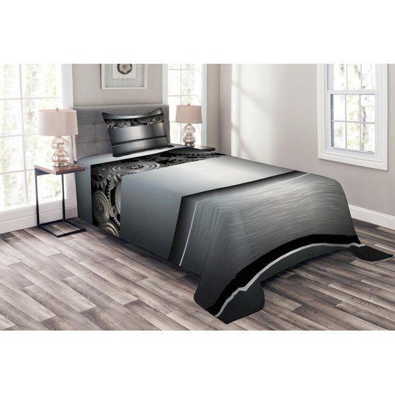 Ambesonne Grey Quilted Bedspread Set 2 Pcs, Clockwork Science Modern, Twin Size, Grey